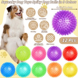 UZLU 12 Pcs 4.5 in Squeaky Dog Toy Balls Spiky Dog Balls Chew for Teething Durable High Bounce TPR Fetch Toy 9 Colors Water Toy for Large Medium Dogs Aggressive Chewers Clean Teeth and Training