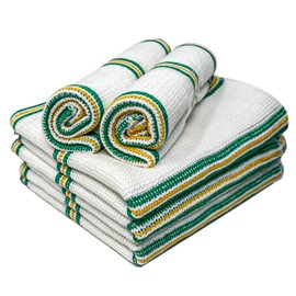 Towelogy® 5 Pack Cotton Dish Cloths Waffle Weave White Super Absorbent LINT FREE QUICK DRY Striped Kitchen Tea Towels Dishcloths for Washing Up Machine Washable 35x40cm (White Green/Yellow Stripes)