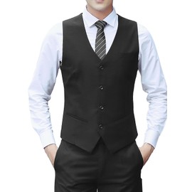 TickElf Men's Suit Vest, Slim Gilet Vest, 4 Buttons, 3 Pockets, Solid Color, With Buckle, V-Neck, Stylish, Outdoor, Formal, Casual, Bartender, Wedding, Joining Ceremony, Spring, Summer, Autumn, Black