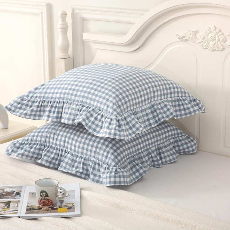 Silnuo Light Blue Plaid Ruffle Throw Pillow Covers Set of