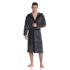 Di Ficchiano Monza Men's Bathrobe with Hood, Fluffy Dressing Gown, Sleepwear Made of Elegant Microfibre, Kimono with Choice of Colours and Sizes S–5XL, Bath Robe, Oeko-Tex Standard 100, Grey black