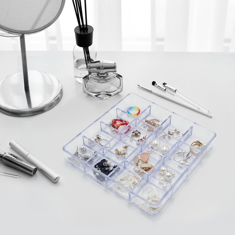 carrotez Small Stackable Jewelry Organizer Tray, 16 Grid, Clear Plastic