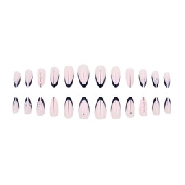 JUSTOTRY 24 Pcs Almond Short False Nails, Glossy Black French Press on Nails Pattern,Nude Fake Nails Short with Nail Glue,Oval Medium Stick on Nails for Women,Nails Fake Nail for Nails Art
