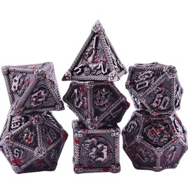 SIQUK 7-Die Metal Dice for DND Polyhedral Dice with Box D20 D12 D10 D% D8 D6 D4 Dice Set for Dungeons and Dragons Roll Playing Game Warhammer RPG MTG Board Games (Antique Iron with Blood Spattered)