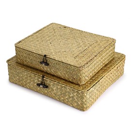 Hipiwe Natural Seagrass Storage Bins with Lid, Woven Wicker Basket Boxes Home Organizer Bins Shelf Organizer Box,Set of 2