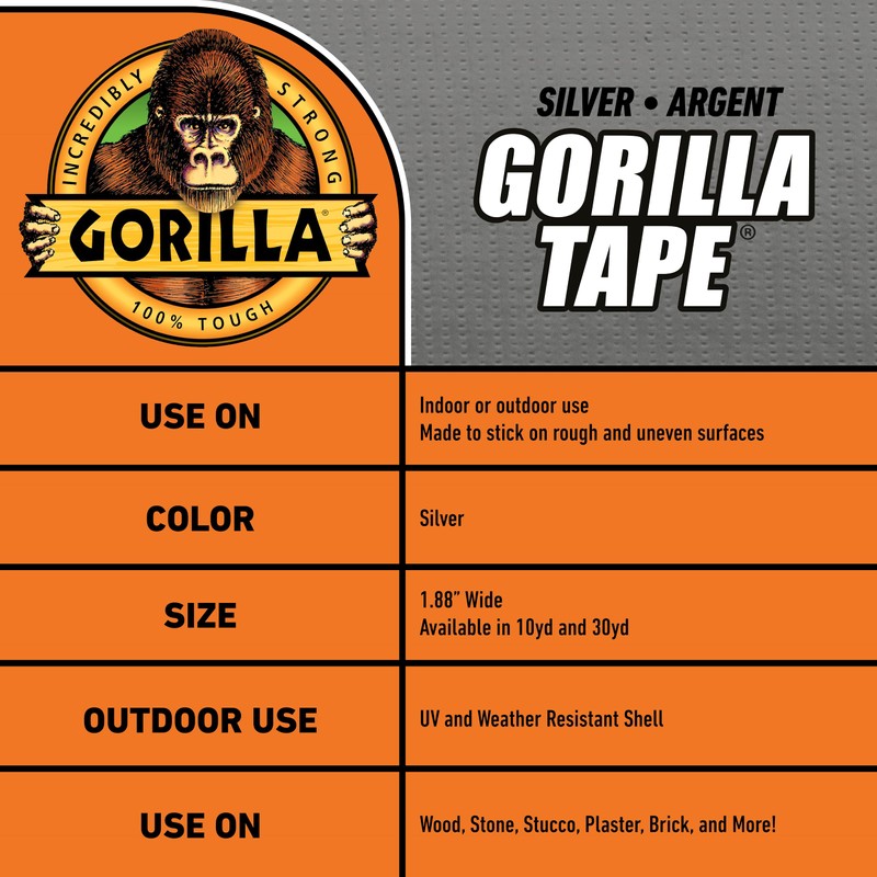 Gorilla Tape, 1.88 in x 30 yd, Silver (Pack of