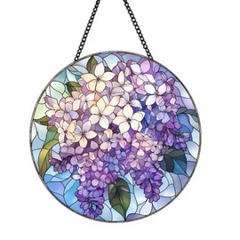 Stained Glass Window Hanging, Lilac Flowers Sun Catchers Diamond Glass Panel Hangings Plant Suncatcher Decor Christmas Mother's Day Birthday Gifts for Women Men Mom (7.8 Inch)