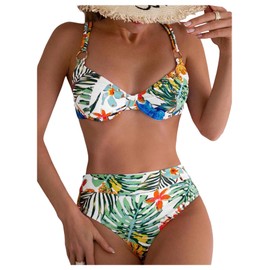MakeMeChic Women's 2 Piece Floral Bikini Set Ring Linked Underwire High Waist Bathing Suit Swimsuit White X-Large