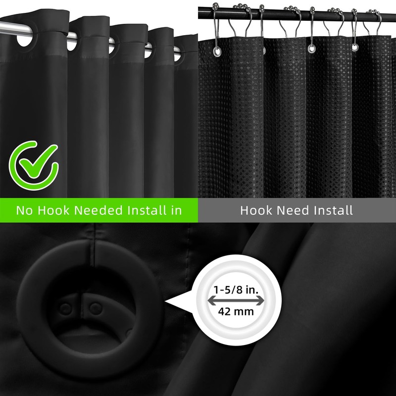 Curoayood no Hook Black Shower Curtain for Bathroom,Machine Washable Light