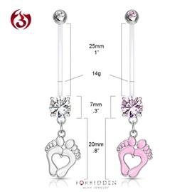 Forbidden Body Jewelry 14G 1" Pregnancy Bioflex Adjustable & Flexible Dangle Baby Feet CZ Maternity Belly Ring, Clr/Pink (2pc)