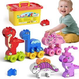 burgmate Dinosaur Building Blocks Train Set for Children, 57 Pieces, Large Creative Building Blocks for Building, 5 Dino Animal Figures and 3 Wheels, Educational Toy, Birthday Gift for Boys and Girls