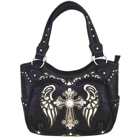 Western Style Rhinestone Cross Studded Laser Cut Wings Tooled Leather Purse Women Handbags Country Shoulder Bag Wallet Set (#4 Black Set)