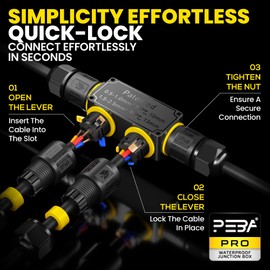 PEBA IP68 Waterproof 3-Pin 4-Way Cable Junction Box, Outdoor Waterproof Cable Connector, 4-12mm Cable Diameter, Black Terminal Block with Lever for Electrical Connections