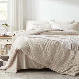 Zzlpp Queen Comforter Set 7 Pieces, Beige Seersucker Bed in a Bag with Comforter and Sheets, All Season Bedding Sets with 1 Comforter, 2 Pillow Shams, 2 Pillowcases, 1 Flat Sheet, 1 Fitted Sheet