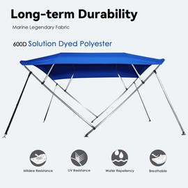 Deckpro Waterproof Boat Bimini Top Cover, 600D Solution Dyed Polyester Fabric Canvas Sun Shade Boat Canopy - 1" Double Wall Aluminum Frame Tube, 2 Straps 2 Rear Support Poles, Storage Boot