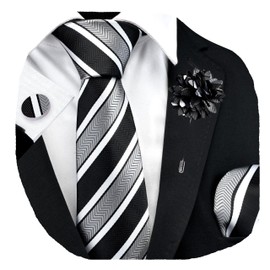 GUSLESON White Grey Black Tie for Wedding Mens Silk Striped Necktie Pocket Square Cufflinks and Lapel Pin Brooch Set (6108-50)