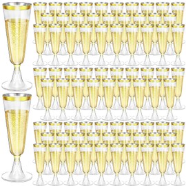 CONEHOY 220 Pcs Champagne Flutes Cups 5 Oz Gold Disposable Champagne Cocktail Glasses Plastic Wine Glasses for Celebration Wedding Party Toasting