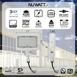 NUWATT 30W LED Flood Light, 3CCT 3000K/4000K/5000K Selectable, IP65 Waterproof Lighting, Adjustable Knuckle Mount, 4200LM, 0-10V Dimmable, 120-277V, Outdoor Security Floodlight for Yard, White, UL