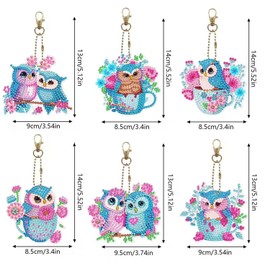 Syntego 6pcs 5D DIY Assorted Owl Diamond Painting Keyrings/Keychains Kit for Adults Double Sided Rhinestone Craft Pendant