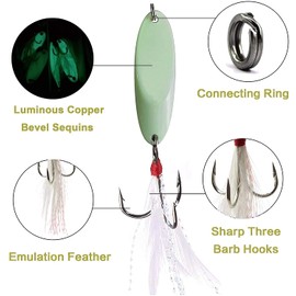 Noctilucent Luminous Fishing Lures Metal Hard Bait Night Glow Sea Fishing Hard Baits Spoon Sequins with Feather Treble Hook (14g (Pack of 5))