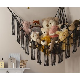 Macrame Stuffed Animal Hammock Corner with LED Light - Black Toy Storage Hammock Plushie Net Organizer Display - Teddy Bear Stuffy Hammock - Boy Bedroom Decor Cool