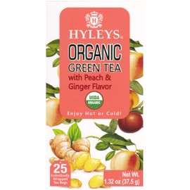 Hyleys Organic Green Tea Peach & Ginger Flavor - 25 Tea Bags (100% Natural, Sugar Free, Gluten Free and Non-GMO)
