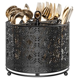 EKNITEY 360° Rotating Utensil Caddy Countertop - Cutlery Silverware Caddy Holder with 4 Compartment - Higher Raised Flatware Organizer with Handle for Party Kitchen Counter Office Black