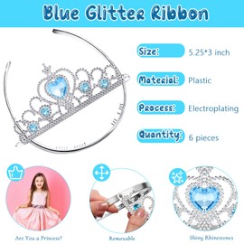 Chalyna 12 Pcs Princess Crowns Tiara and Wand for Little Girl Silver Heart Jewel Plastic Tiara Theme Winter Wand for Birthday (Blue, Snowflake Style)