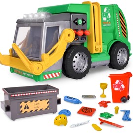 Maxx Action Large Motorized 19" Maxx Action Garbage Truck Toy Set with Lights and Sound Includes Dumpster, Trash Bin and Miniature Trash Pieces for Kids