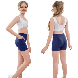 MEJING 4" Girls Cross Waist Athletic Shorts with Pockets, Biker Volleyball Running Cheer Dance Yoga Gymnastics Shorts, Navy Blue, Medium