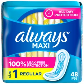 Always Maxi Feminine Pads Without Wings for Women, Size 1, Regular Absorbency, Unscented 48 Count