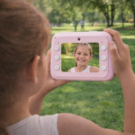Praktica Snap & Stick Instant Print Kids Camera – Pink, Dual Lens with 4x Sticker Rolls (120 BPA-Free Stickers), Sticker Book & 8GB Micro SD Card for Parties, Playdates & Creative Fun