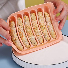 AKOAK 1 Pack Silicone Sausage Mold, 6-cavity - Homemade Hamburger Hot Dog Ice Loaf Candy Jelly Chocolate Tray Mold, DIY Children's Hot dog Egg Sausage Baking Mold with Lid (Pink)