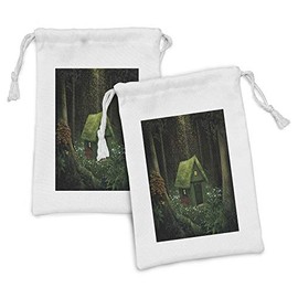 Ambesonne Fantasy Fabric Pouch Set of 2, Surreal Little Forest House in Moss Enchanted Woodland Elves Design, Small Drawstring Bag for Toiletries Masks and Favors, 9" x 6", Hunter Green Army Green