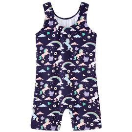 UMELOK Girls Gymnastics Leotards One Piece Shorts Sleeveless Biketards Kids Dance Outfit Blue unicorn，6-7Years