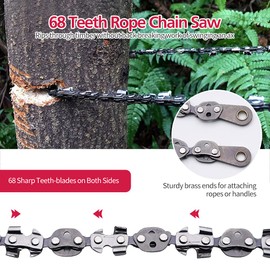 53 Inch Rope Saw, High Reach Tree Limb Hand Rope Chain Saw, 68 Sharp Teeth Blades on Both Sides, Pocket Chainsaw with 2 Extra Handles, Ropes, Webbing, S-hook and Carabiner, 1 Sharpener and Cloth Bag
