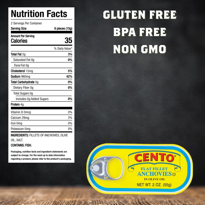 Cento Flat Fillet Anchovies in Olive Oil, 2 Oz (Pack