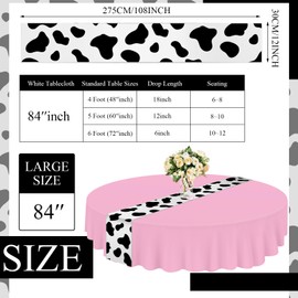 Oudain 20 Pcs Cow Table Runner 12 x 108'' and Pink Round Tablecloth 84" Set Cow Design Print Runners for Tables Plastic Satin Waterproof Disposable Covers for Wedding Birthday Party Decor