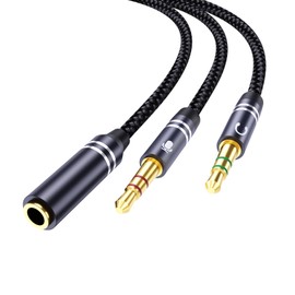 Braided Headphone Splitter for Computer, 3.5mm Female to 2 Dual 3.5mm Male Earphones Port, Mic Y Audio Splitter Cable Compatible with Headset Microphone Gaming Computer Speaker Laptop(35cm / 14in)