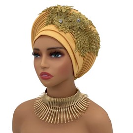 NJYFG Fashion African Autogele Headtie Nigeria Women Head Wraps Already Made Wedding Geles (gold)