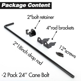 24 Inch Cane Bolt Gate Drop Rod, Heavy Duty Gate Latch, Cane Bolts for Wood Vinyl Metal Fences Gates-(Black Finish,2 Pack)