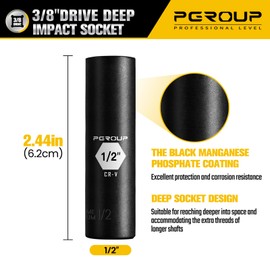 PGROUP 3/8” Drive Deep Impact Socket, SAE(1/2 Inch socket), 6-Point, Cr-V Steel With Black Manganese Phosphate Coating