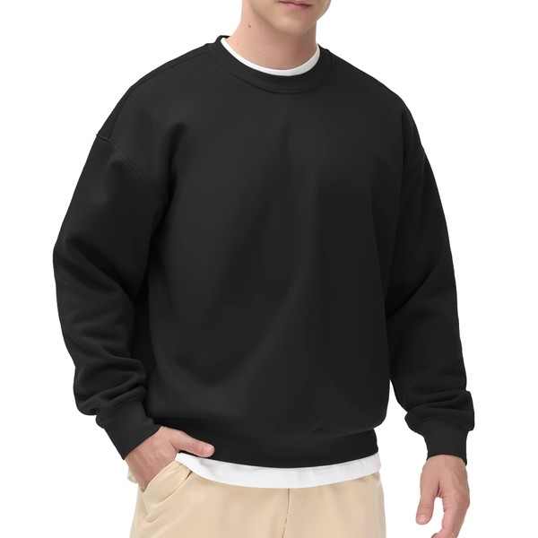 THE GYM PEOPLE Men's Fleece Crewneck Sweatshirt Thick Loose fit Soft Basic Pullover Sweatshirt(Black, X-Large)