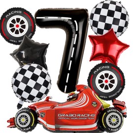 iUgeeo 7th Vintage Birthday Party Decorations with Inflatable Red Car Tyres Stars Checkered Number 7 Balloons for Seven-Year-Old Boys Girls Race Car Party Room Backdrop Decor, 8 Pcs/set