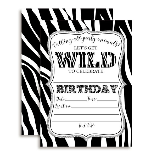Zebra Print Wild Birthday Party Invitations, 20 5"x7" Fill In Cards with Twenty White Envelopes by AmandaCreation Perfect for Teen and Tween Birthdays, Even Adults!