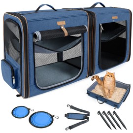 Lekereise 2-in-1 Cat,Dog Carrier for Small Medium Large Pets up to 35 Lbs, (17.7"*2)*16.5"*13" Car Travel Carrier with Litter Box, Bowl, and Locking Zipper - Blue