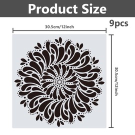 ZSUIQIN Set of 9 Mandala Stencils, DIY Painting Template Stencil Kit, Stencils Wall Design, Reusable Painting Template Accessories, for Rock Stone Painting, Canvas, Furniture, Crafts (30 x 30 cm)