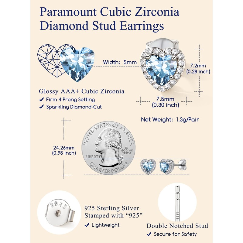 Suplight Sterling Silver Blue Aquamarine Heart Stud Earrings for Women