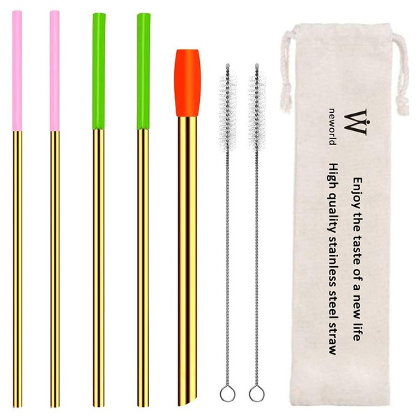 NEBYWOLD Metal Straws Reusable Stainless Steel Straws Bubble Tea Drinking with Silicone Tip and Carrying pack 5 Set - Mix Wide Straw 2 Cleaning Brush and A Portable Bag (Gold)