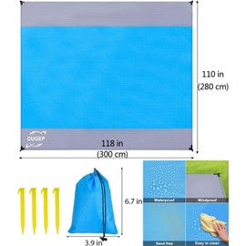 OUGEP Beach Blanket Sandproof, Large Picnic Blanket Waterproof for 6-10 Adults, Blue, 300 x 280cm
